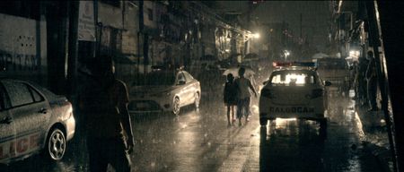Manila, Philippines - A rainy street lined with police cars. (Genius Loki Film and Violet Films/Alexander A. Mora)