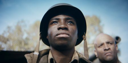 E.G. McConnell (played by Ruffus Shutter) is pictured in close-up portrait in a historic reenactment of the Battle of the Bulge produced for "Erased: WW2's Heroes of Color." (National Geographic)