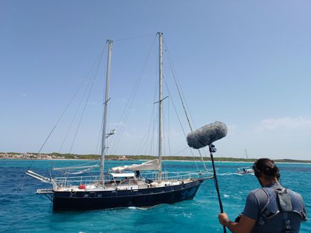 A sound operator from the crew is pictured in a behind-the-scenes image in Majorca, Balearic Islands, Spain. (National Geographic/Jose Antonio Gavilán Tobal)