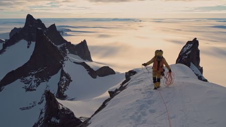 Conrad Anker hold his ropes on the top of a mountain in Antarctica.  (Mandatory credit: Cedar Wright)