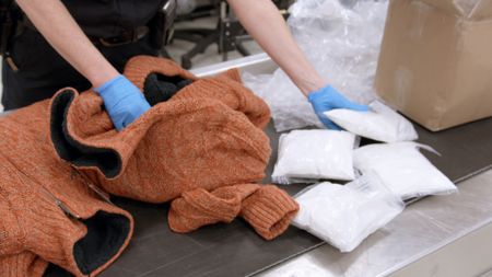 Multiple packages of suspected narcotics were placed on an inspection table after they were discovered smuggled in a shipped package of sweaters in Philadelphia, Pa. (National Geographic)