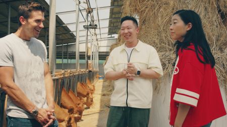 Antoni Porowski, Jun Lee and Awkwafina at  Cheongdom Farm. (National Geographic)