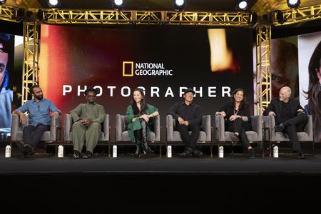 2024 TCA WINTER PRESS TOUR  - Anand Varma, Campbell Addy, Chai Vasarhelyi, Jimmy Chin, Cristina Costantini, and Paul Nicklen from the “Photographer” panel at the National Geographic presentation during the 2024 TCA Winter Press Tour at the Langham Huntington on February 8, 2024 in Pasadena, California. (National Geographic/PictureGroup)