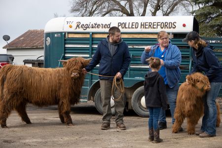 New to raising cattle, the Govintz family looks for guidance from Dr. Brenda about the Scottish Highlander breed. (National Geographic/Bobby Falcon-Hart)