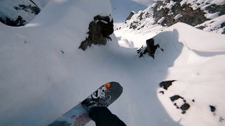Point of view of Travis Rice as he snowboards on a mountain in Alaska.  (photo credit: Travis Rice, Inc)