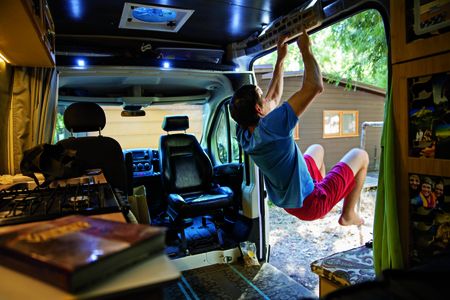 For a free soloist, finger strength can mean the difference between life and death. Leading up to his climb, Honnold performed a 90-minute "hangboarding" routine every other day in his van, which for years has served as a home and mobile base camp. (Jimmy Chin)