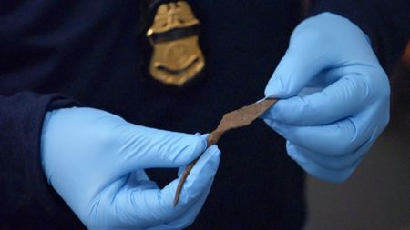 CBP Officer Ramirez is holding and examining an ancient arrowhead after it was discovered in a shipment. (National Geographic)