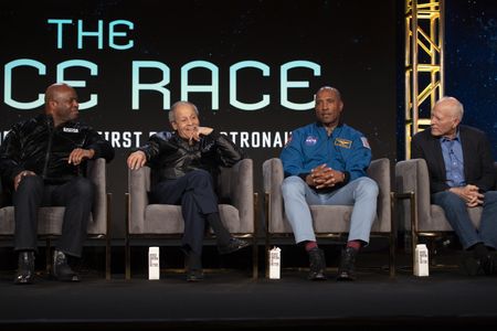 2024 TCA WINTER PRESS TOUR  - Leland Melvin, Ed Dwight, Victor Glover, and Frank Marshall from the “The Space Race” panel at the National Geographic presentation during the 2024 TCA Winter Press Tour at the Langham Huntington on February 8, 2024 in Pasadena, California. (National Geographic/PictureGroup)