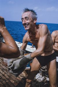 BECOMING COUSTEAU - Jacques Cousteau aboard Calypso on a 1963 expedition in the Red Sea. (Credit: National Geographic)