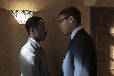 Clyde X, played by Gary Carr, confronts Malcolm X, played by Aaron Pierre, in GENIUS: MLK/X. (National Geographic/Richard DuCree)