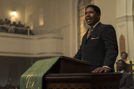 Martin Luther King Jr., played by Kelvin Harrison Jr., preaches in GENIUS: MLK/X. (National Geographic/Richard DuCree)