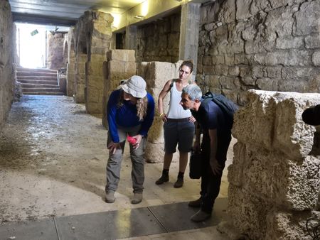 Geoarchaeologist Beverly Goodman, Michael Lazar and Omry Nackum explore Herod's theatre in Caesarea, Israel. (Windfall Films)