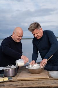 Iceland - Siggi (L) teaches Gordon Ramsay how to make rye bread using an old family recipe and an unusual baking method. (Credit: National Geographic/Justin Mandel)