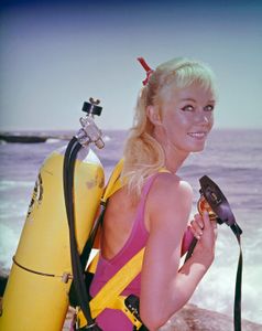 Valerie Taylor with scuba equipment, 1964. (photo credit: Ron & Valerie Taylor)