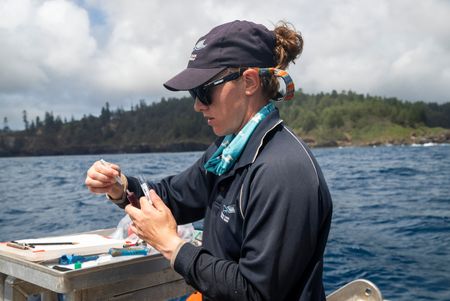 Lauren Meyer analyzing a tissue sample. (National Geographic/Sophy Crane)