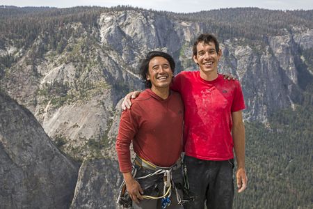 Jimmy Chin and Alex Honnold atop the summit of El Capitan just after Alex free solo climbed Freerider.  (National Geographic/Samuel Crossley)
