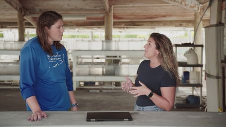 Dr. Lauren Eve Simonitis and Lindsay French, experts, discussing the moon and the direct impact this has on the increase of shark attacks. (National Geographic)