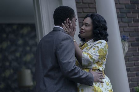 Martin, played by Kelvin Harrison Jr., greets Coretta, played by Weruche Opia, on the doorstep in GENIUS: MLK/X. (National Geographic/Richard DuCree)