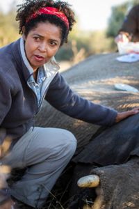 Paula Kahumbu witnesses a young bull elephant in Na'an Ku Se being tranquilized in order to loosen its radio collar. (National Geographic for Disney/Robbie Labanowski)