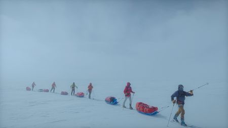 The team skiing across Daugaard-Jensen.  (photo credit: National Geographic/Pablo Durana)