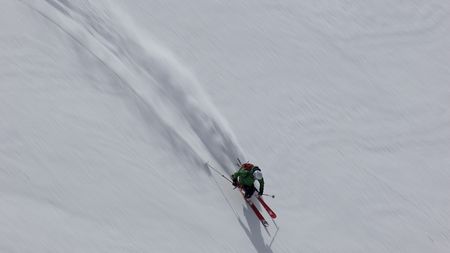 Jimmy Chin skis down a mountain in the Teton range, Wyoming.  (credit: Jimmy Chin Productions)