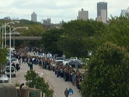 Large crowds of people arrive at the Fairgrounds Arena, in Oklahoma City, Okla. for a service in memory of the victims of the Oklahoma City bombing, April 23, 1995. (National Geographic)