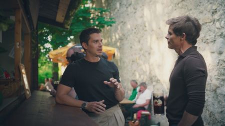 Antoni Porowski and James Marsden at Rössle Biergarten. (National Geographic)