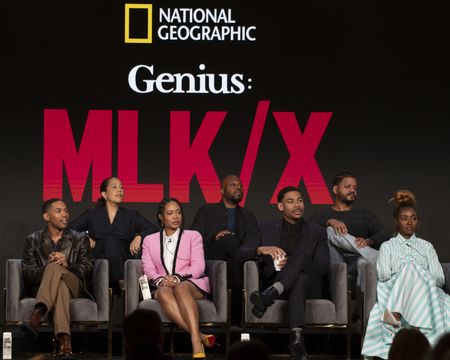 2024 TCA WINTER PRESS TOUR  - Kelvin Harrison Jr., Gina Prince-Bythewood, Weruche Opia, Damione Macedon, Aaron Pierre, Raphael Jackson Jr., and Jayme Lawson from the “Genius: MLK/X” panel at the National Geographic presentation during the 2024 TCA Winter Press Tour at the Langham Huntington on February 8, 2024 in Pasadena, California. (National Geographic/PictureGroup)