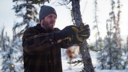 Johnny Rolfe sets marten traps one last time before the trapping season is over. (BBC Studios/Charlie Beck)