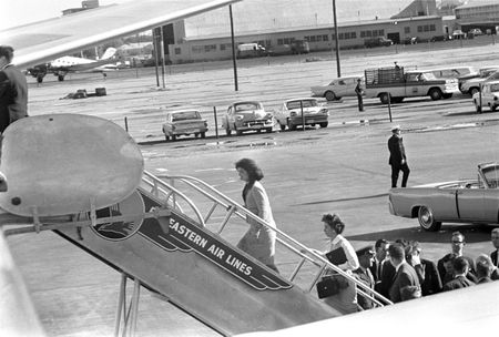 First lady Jacqueline Kennedy boards Air Force One after President John F. Kennedy's casket was carried aboard at Love Field in Dallas, Nov. 22, 1963. (Cecil Stoughton/White House Photographs/John F. Kennedy Presidential Library and Museum, Boston)