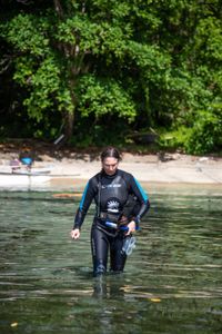 Octopus researcher, Dr. Crissy Huffard, heading out on a scouting snorkel for Algae octopus (Abdopus aculeatus) in Bunaken Marine Park.  (photo credit: National Geographic/Annabel Robinson)