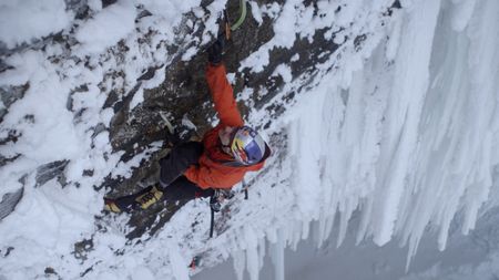 Will Gadd performs a figure four as he ascends Helmcken Falls.  (mandatory credit: Red Bull Media House)