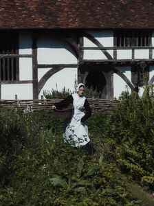 Geillis Duncan walking through a field, with a basket in hand, she is looking for plants and herbs for medicinal properties. (Dash Productions Services LTD/Antoan Ivanov)