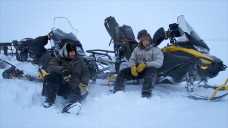 Gage and Avery Hoffman stop to regain their composure during a white-out ground blizzard. (BBC Studios/Danny Day)