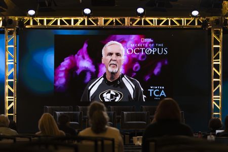 2024 TCA WINTER PRESS TOUR  - James Cameron from the “Virtual Q&A with James Cameron” panel at the National Geographic presentation during the 2024 TCA Winter Press Tour at the Langham Huntington on February 8, 2024 in Pasadena, California. (National Geographic/PictureGroup)