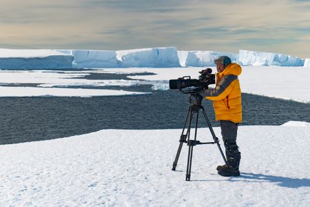 Bertie Gregory filming in Atka Bay, Antarctica.  (National Geographic/Ben Joiner)