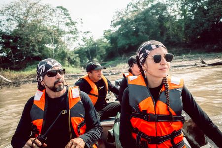 National Geographic Explorers Fernando Trujillo and Maria Jimena Valderrama head out on the Amazon River to tag pink river dolphins. (credit: National Geographic/Eric Arthur Fernandez)