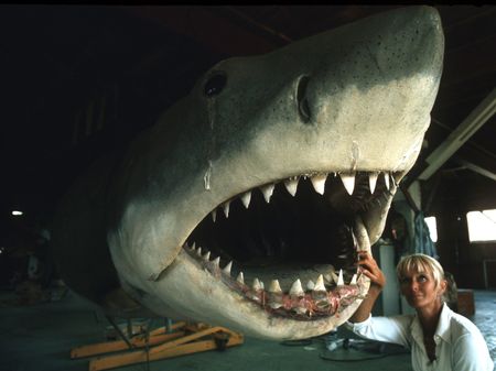 Valerie Taylor on the Jaws film set standing next to a shark prop in 1974.  (photo credit: Ron & Valerie Taylor)