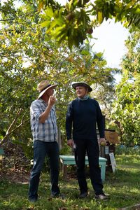 Patrick and Gordon Ramsay chat at the fruit farm. (National Geographic/Justin Mandel)