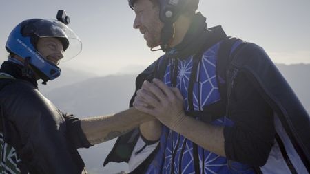 Scotty Bob Morgan and Espen Fadnes before making a wingsuit BASE jump in Chamonix, France. (Credit: Reel Peak Films)