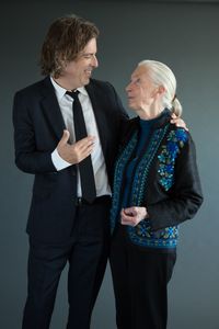 Critically acclaimed filmmaker Brett Morgen and conservation icon Dr. Jane Goodall.
  (photo credit: National Geographic/Stewart Volland)