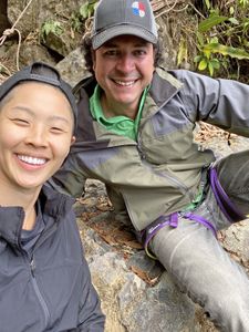 Chef Kristen Kish poses with restaurant owner and Chef Rolando Chamorro while foraging for ingredients they will use to prepare a meal at Chamorro's restaurant in Hacienda Mamecillo, Boquete, Panama. (National Geographic for Disney/Missy Bania)
