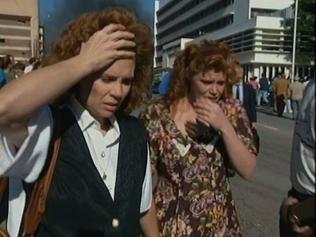 Local Mom Edye Raines and her mother, Kathy Sanders, realize the blast occurred in the building where Raines' children's daycare is located, April 19, 1995, in Oklahoma City, Okla. (News9 Oklahoma City)