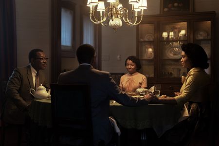The King family meets Coretta for the first time over dinner in GENIUS: MLK/X. (From left: Lennie James as Daddy King, Kelvin Harrison Jr. as Martin Luther King Jr., LisaGay Hamilton as Alberta King, and Weruche Opia as Coretta). (National Geographic/Richard DuCree)