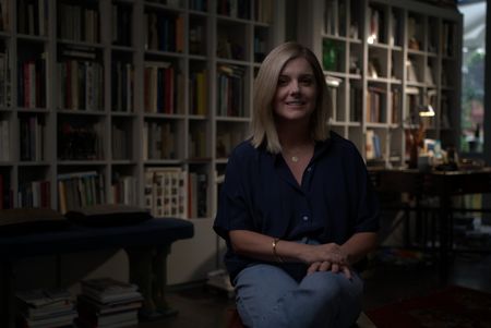 The New Yorker staff writer Lauren Collins poses for a portrait for "Killer Lies: Chasing a True Crime Con Man," a documentary series about obsession and deception, following the unraveling of Stephane Bourgoin’s career as a best-selling author and serial killer expert. (National Geographic/Ben Selkow)