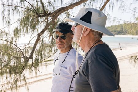 Director / cinematographer, Adam Geiger, and cinematographer, Rory McGuinness, behind the scenes on the Great Barrier Reef, home of the Day octopus (Octopus cyanea).   (photo credit: National Geographic/Harriet Spark)