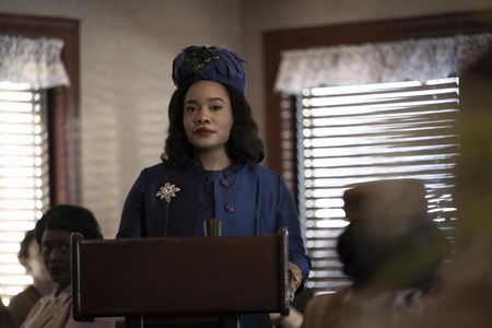 Coretta Scott King, played by Weruche Opia, gives a speech in GENIUS: MLK/X. (National Geographic/Richard DuCree)