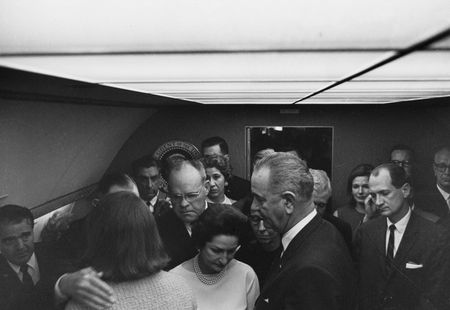 Lyndon B. Johnson is sworn in as President of the United States during ceremony aboard Air Force One, Nov. 22, 1963, in Dallas. (Cecil Stoughton/White House Photographs/John F. Kennedy Presidential Library and Museum, Boston)