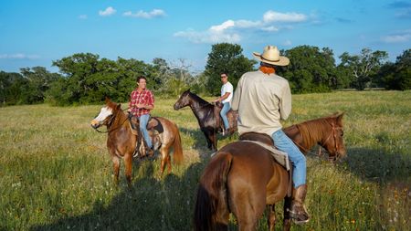 James Marsden, Antoni Porowski and Jim Kearney ride horses on Jim's ranch. (National Geographic/Rebecca Eishow)