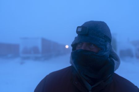 Sue Aikens in a winter storm at her camp. (BBC Studios Reality Productions, LLC/Jayce Kolinski)